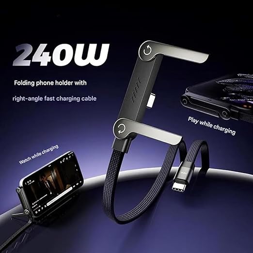 2-in-1 USB-C Fast Charging Cable Phone Stand – 240W PD Braided Type-C Cable with Foldable Holder