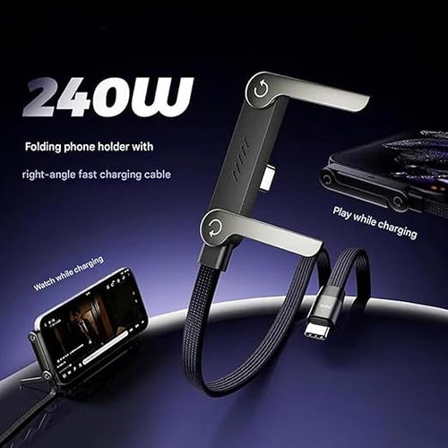 2-in-1 USB-C Fast Charging Cable Phone Stand – 240W PD Braided Type-C Cable with Foldable Holder