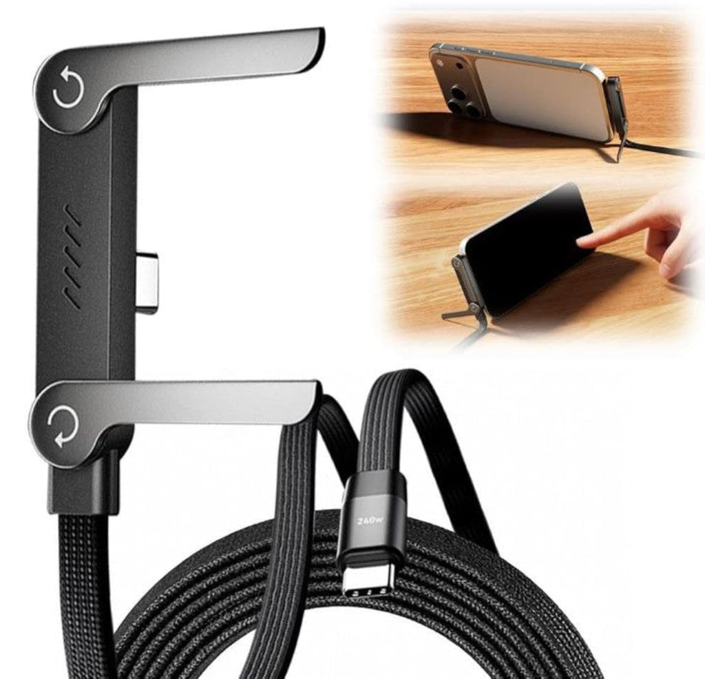 2-in-1 USB-C Fast Charging Cable Phone Stand – 240W PD Braided Type-C Cable with Foldable Holder