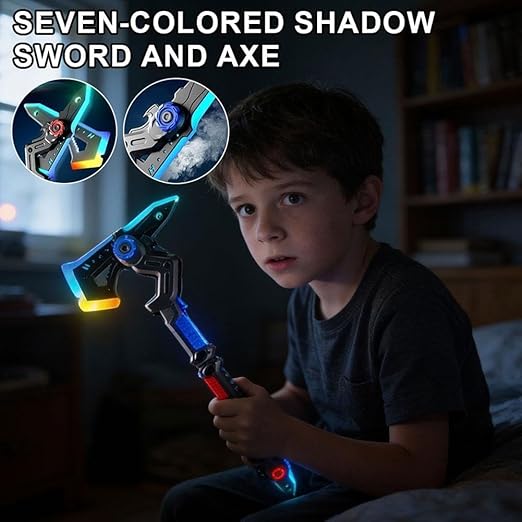 ⚔️🌈7-Color LED Transforming Shadow Sword & Battle Axe Toy – Rechargeable RGB Light-Up Weapon with Sound Effects, Mist Spray & Dual Mode Transformation for Kids