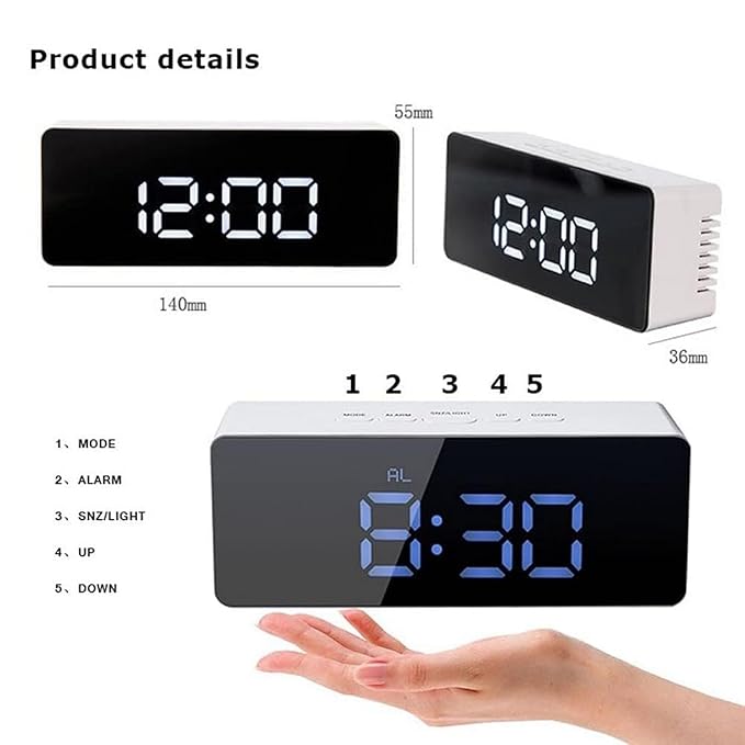LED Mirror Digital Alarm Clock – USB Powered Desktop Clock with Temperature Display, Snooze Function