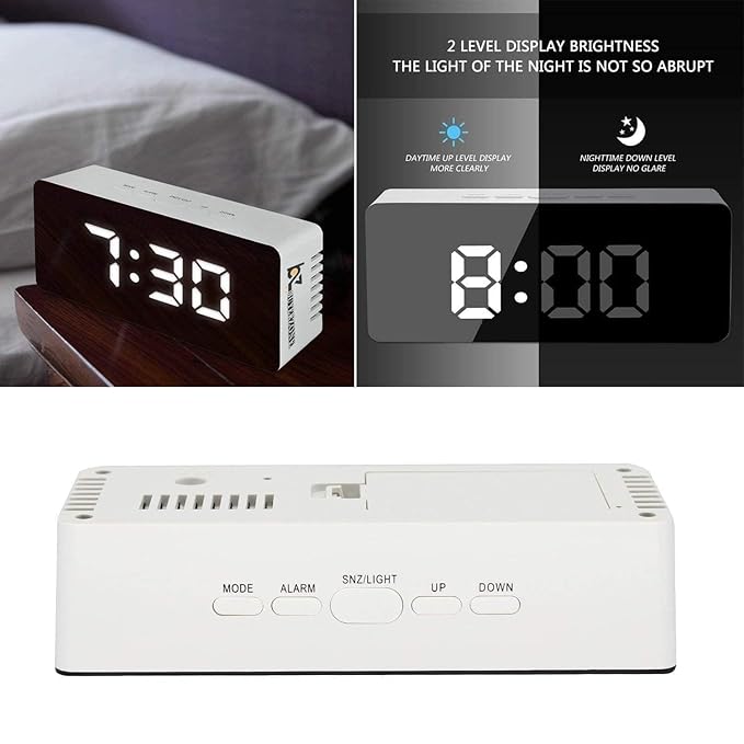 LED Mirror Digital Alarm Clock – USB Powered Desktop Clock with Temperature Display, Snooze Function