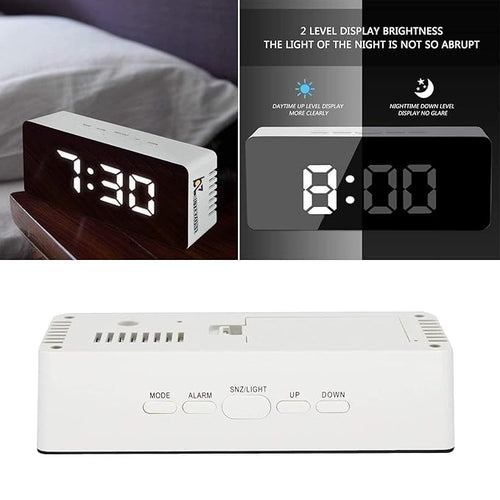 LED Mirror Digital Alarm Clock – USB Powered Desktop Clock with Temperature Display, Snooze Function