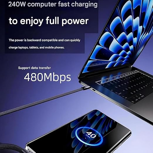 2-in-1 USB-C Fast Charging Cable Phone Stand – 240W PD Braided Type-C Cable with Foldable Holder