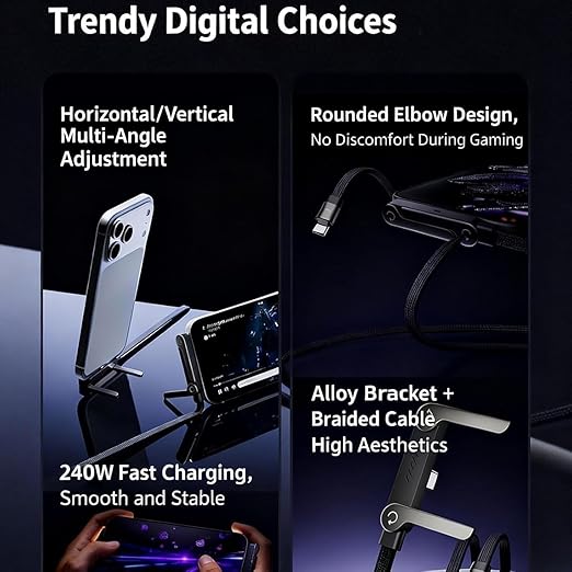 2-in-1 USB-C Fast Charging Cable Phone Stand – 240W PD Braided Type-C Cable with Foldable Holder
