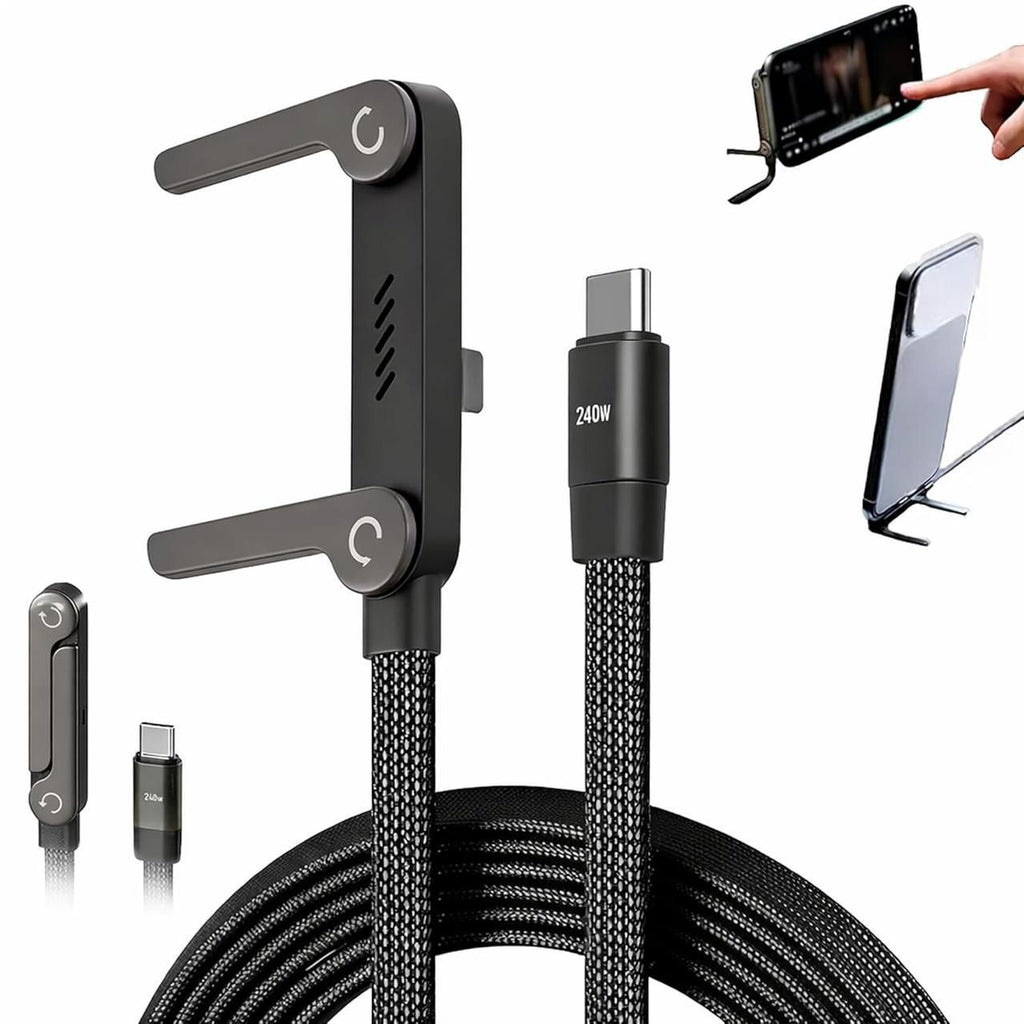2-in-1 USB-C Fast Charging Cable Phone Stand – 240W PD Braided Type-C Cable with Foldable Holder