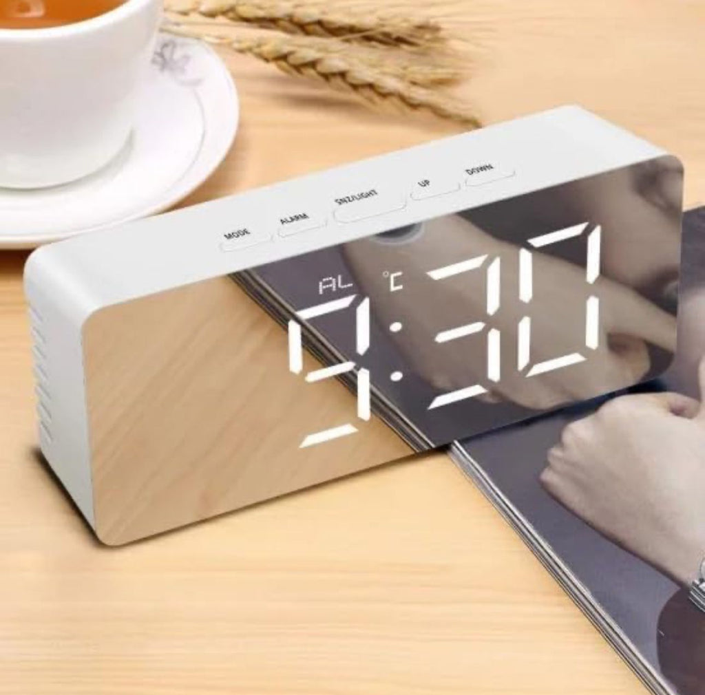 LED Mirror Digital Alarm Clock – USB Powered Desktop Clock with Temperature Display, Snooze Function
